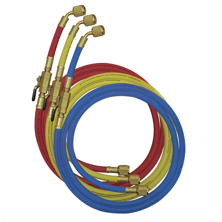90262-36 - Genuine OEM Mastercool 36″ Standard Pressure Hoses With Manual Shut-Off Valve Fittings Set, Blue/Yellow/Red, 1/4″ x 1/4″